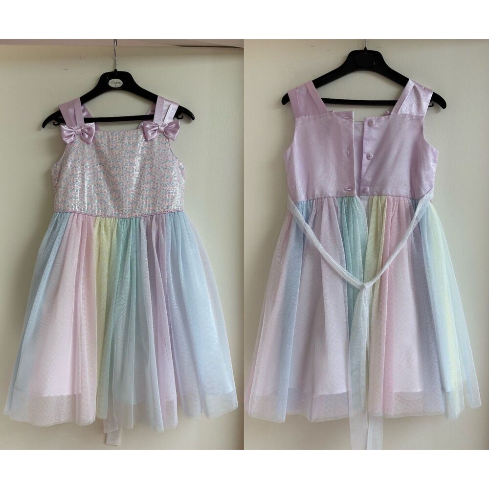 Jona Michelle Pastel Rainbow Sequin Multi-Layer Tulle Dress Girls 6 EUC Formal